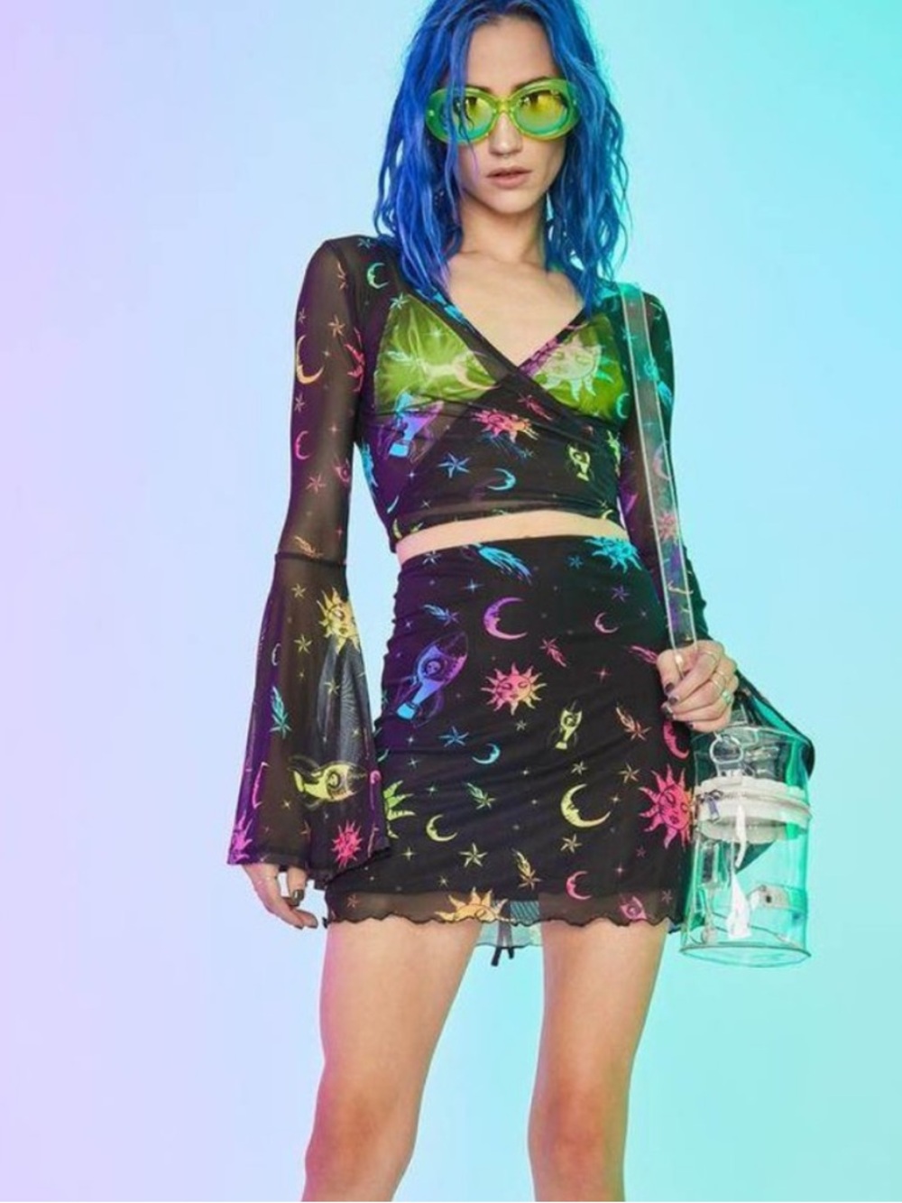 Current Mood Black Mesh Set with Neon Celestial Print